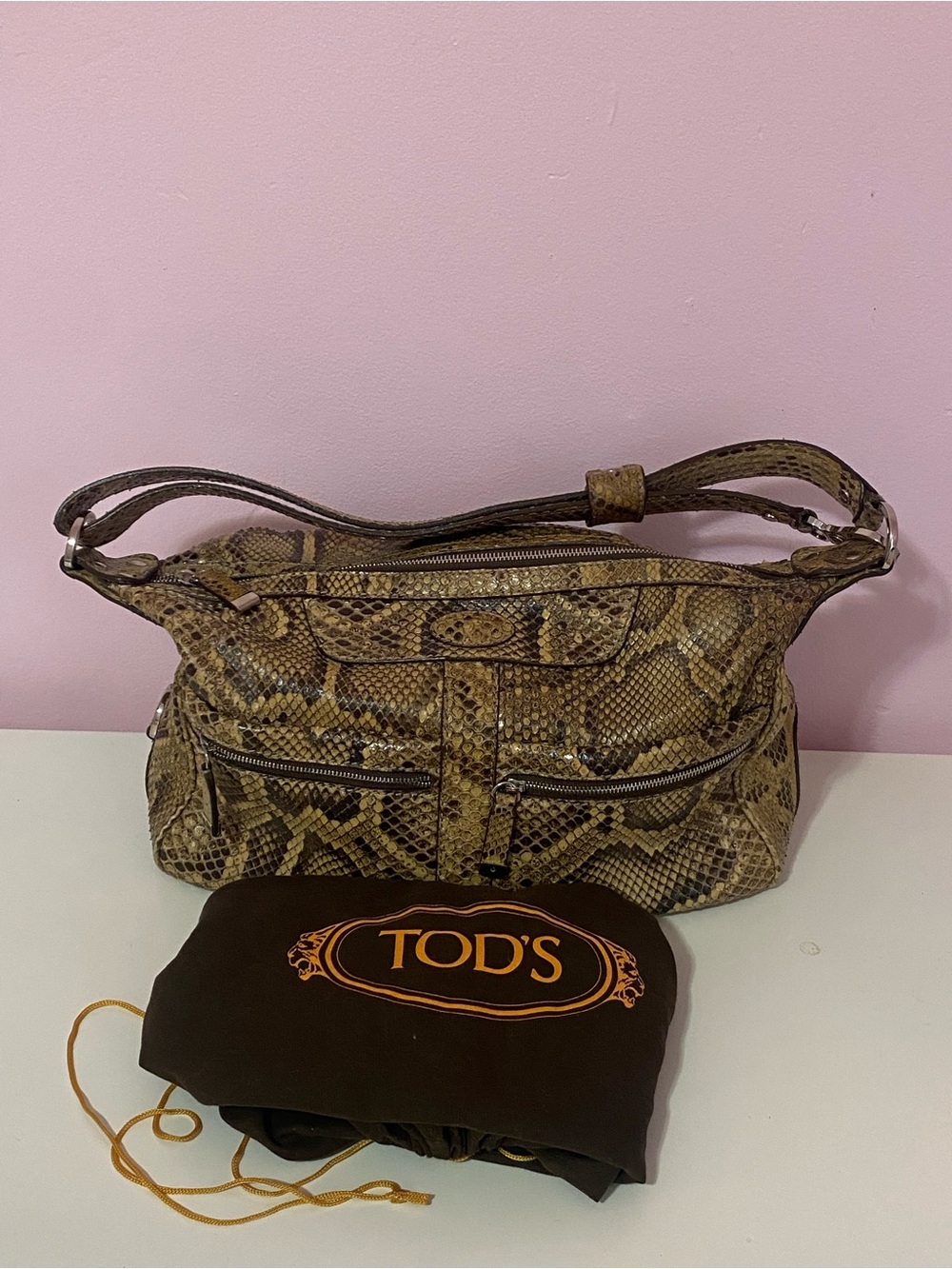 Tod's Genuine Python Snake-Skin Leather Hobo in Brown and Tan Vintage